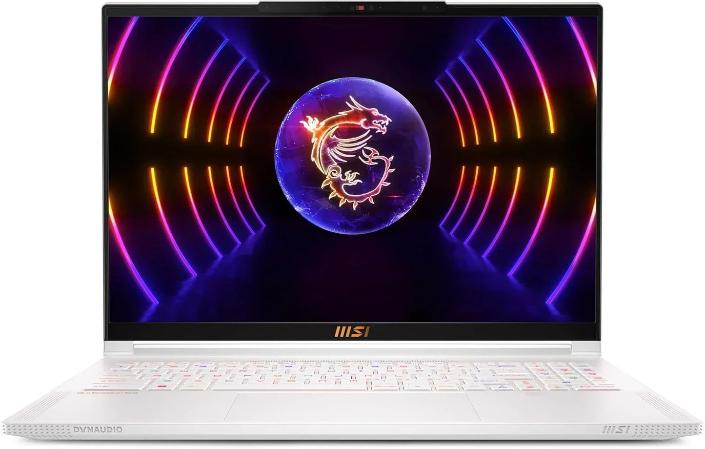 White gaming laptop with RGB keyboard and MSI dragon logo on futuristic screen