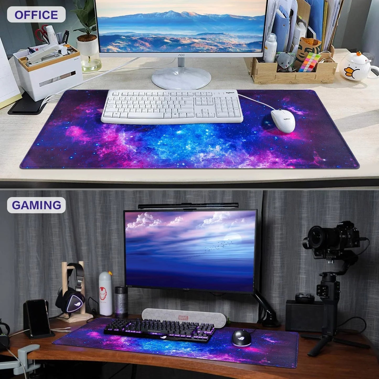 Two desks showing office and gaming setups with galaxy-themed mousepads, keyboards, and monitors