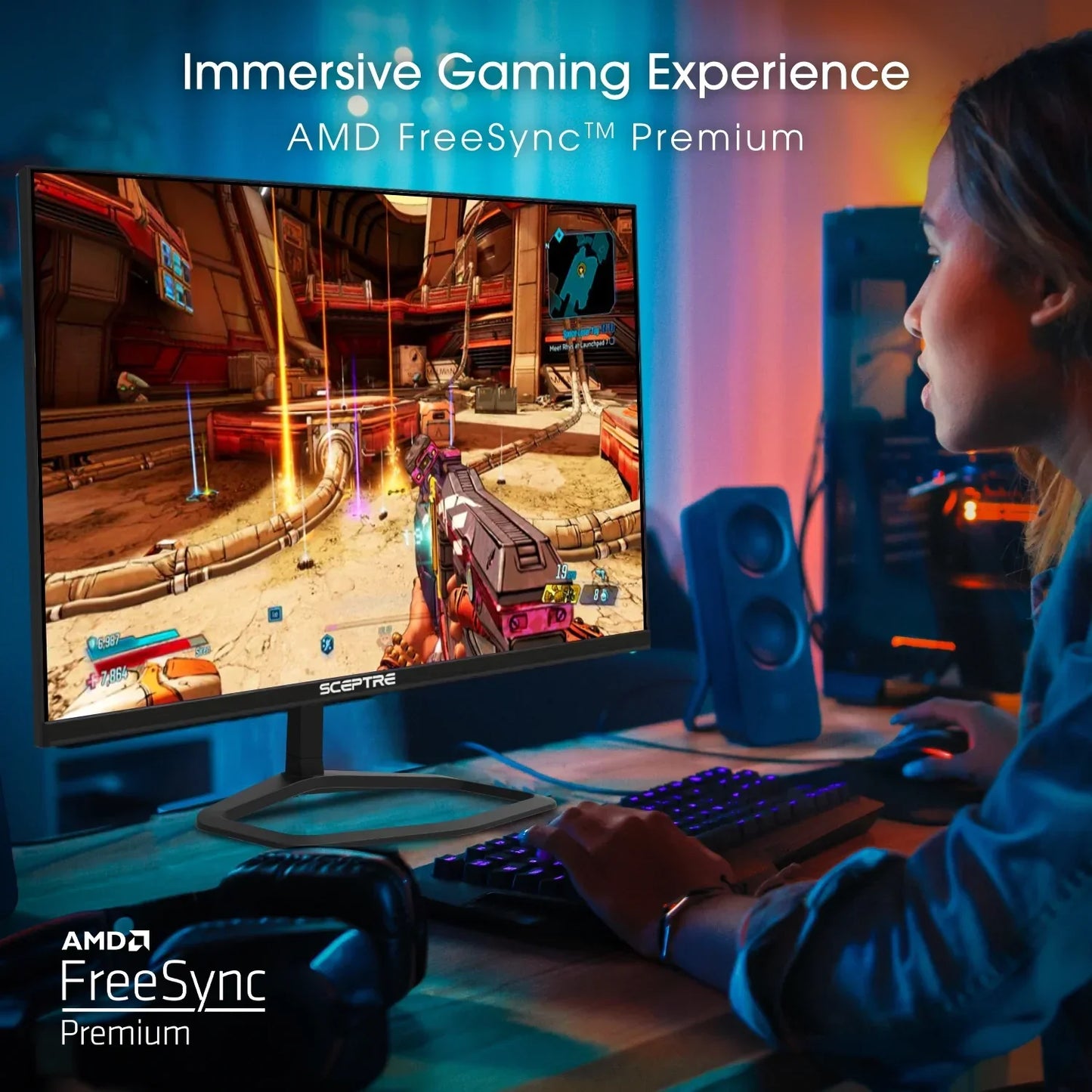 Gamer playing FPS video game on Sceptre monitor with AMD FreeSync Premium for immersive experience