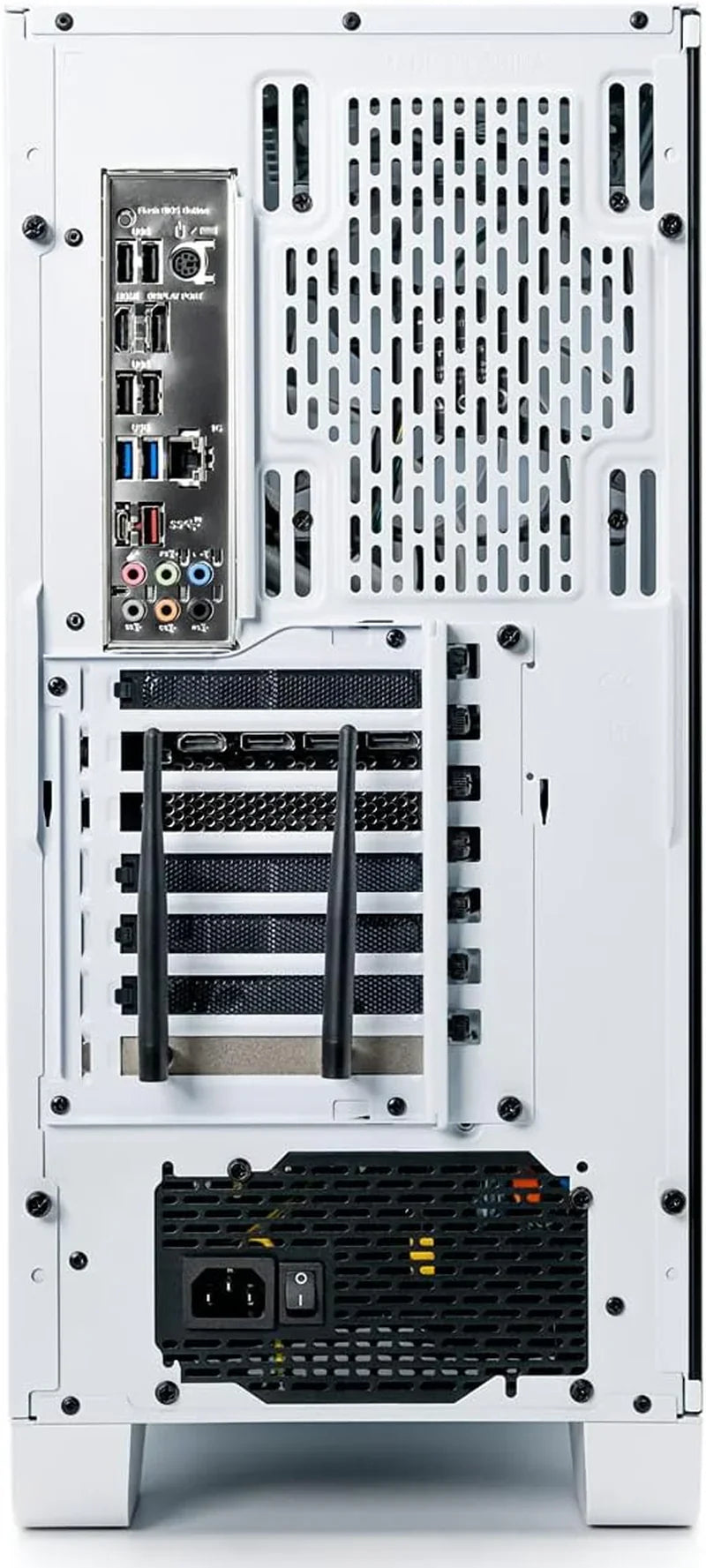 Rear view of white gaming PC with I/O ports, dual Wi-Fi antennas, and power supply unit