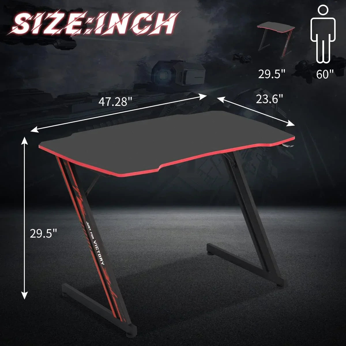Black and red gaming desk with dimensions 47.28x23.6x29.5 inches and height 29.5 inches
