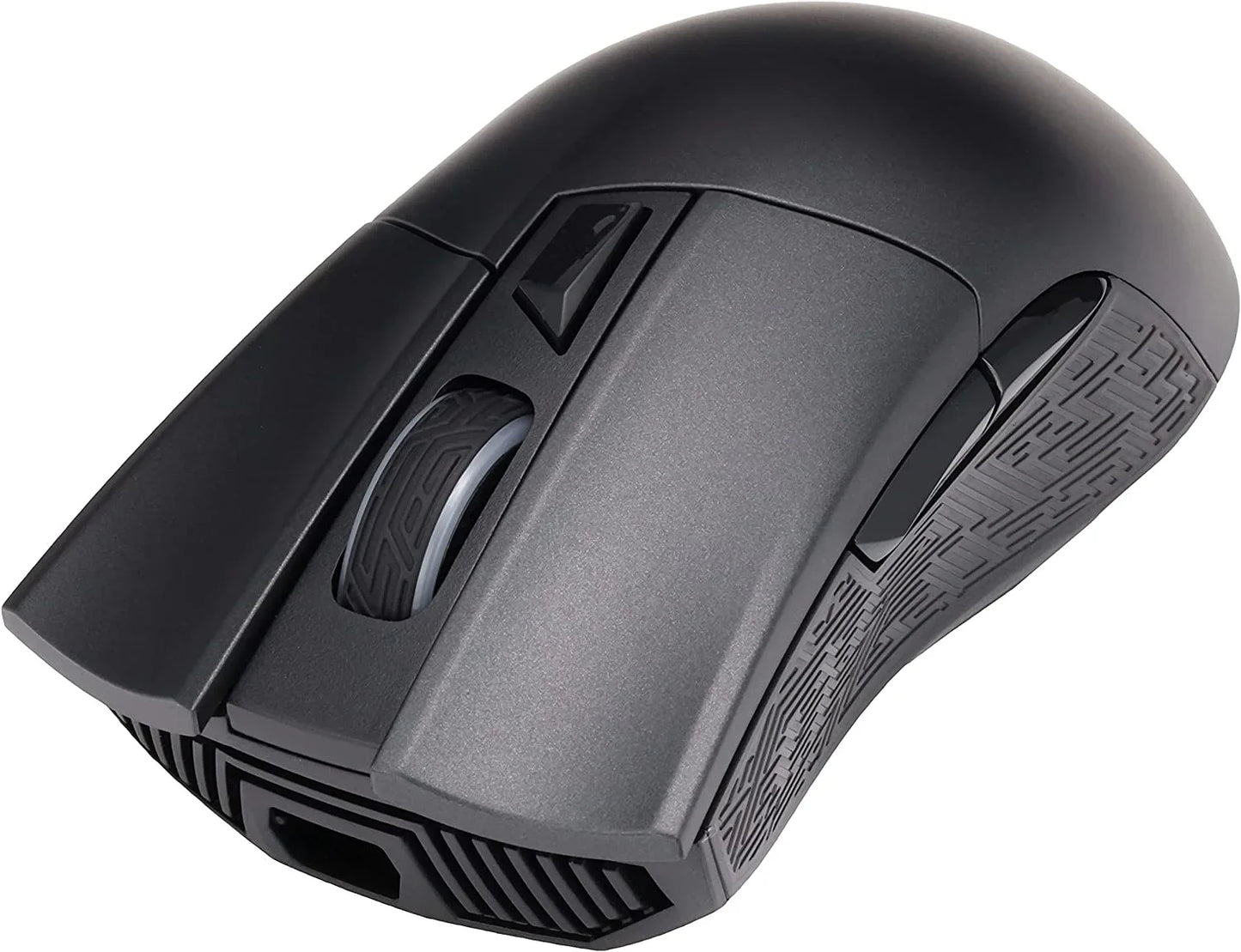 black ergonomic wireless computer mouse with textured sides and scroll wheel on white background