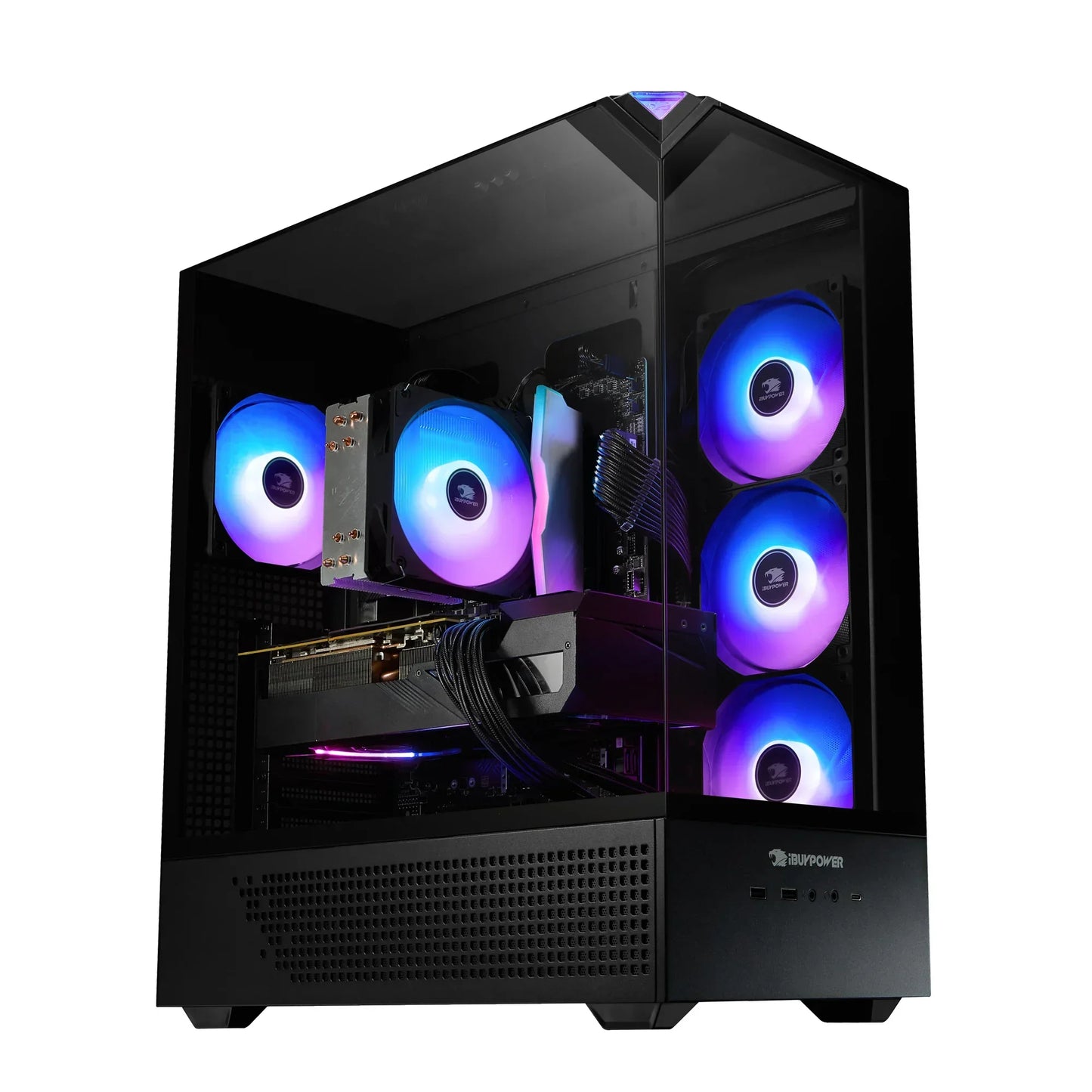 iBUYPOWER gaming PC with RGB-lit cooling fans inside black tempered glass case