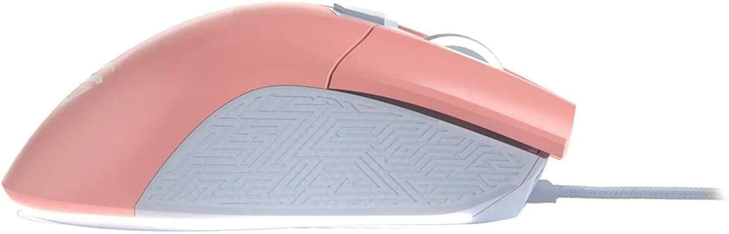 Byte Style retro gaming mouse in pink and gray with geometric side grip and braided cable