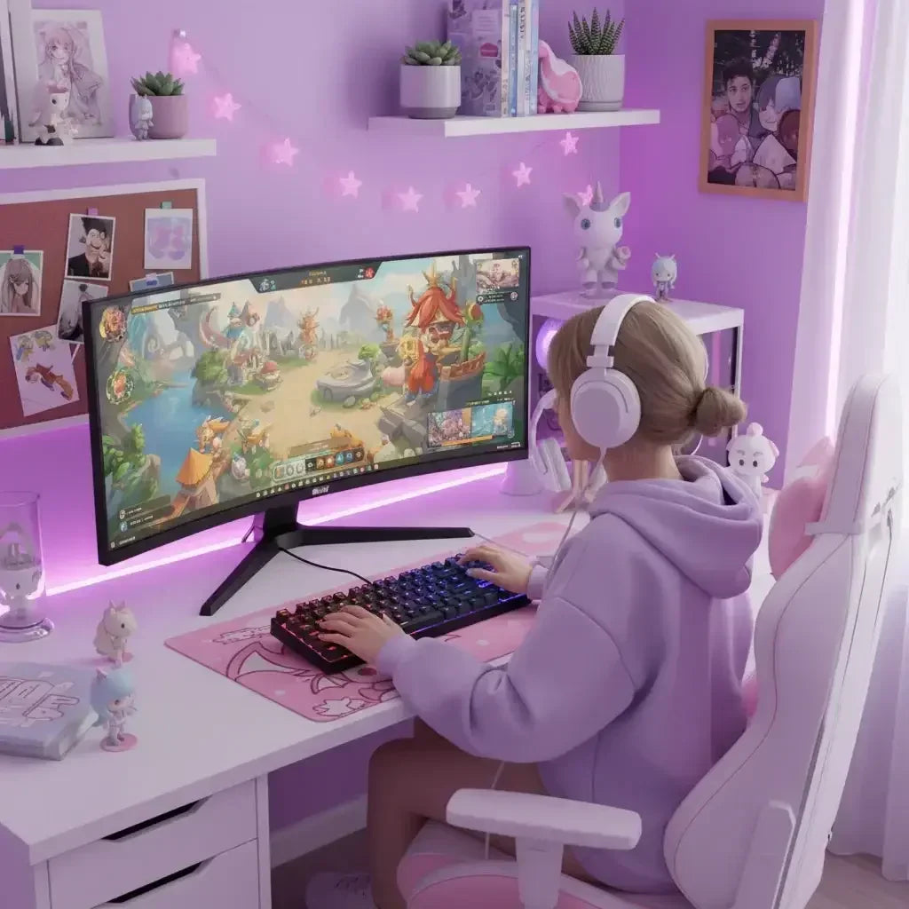 Girl gaming at a pink and purple themed desk setup with a curved monitor and headphones