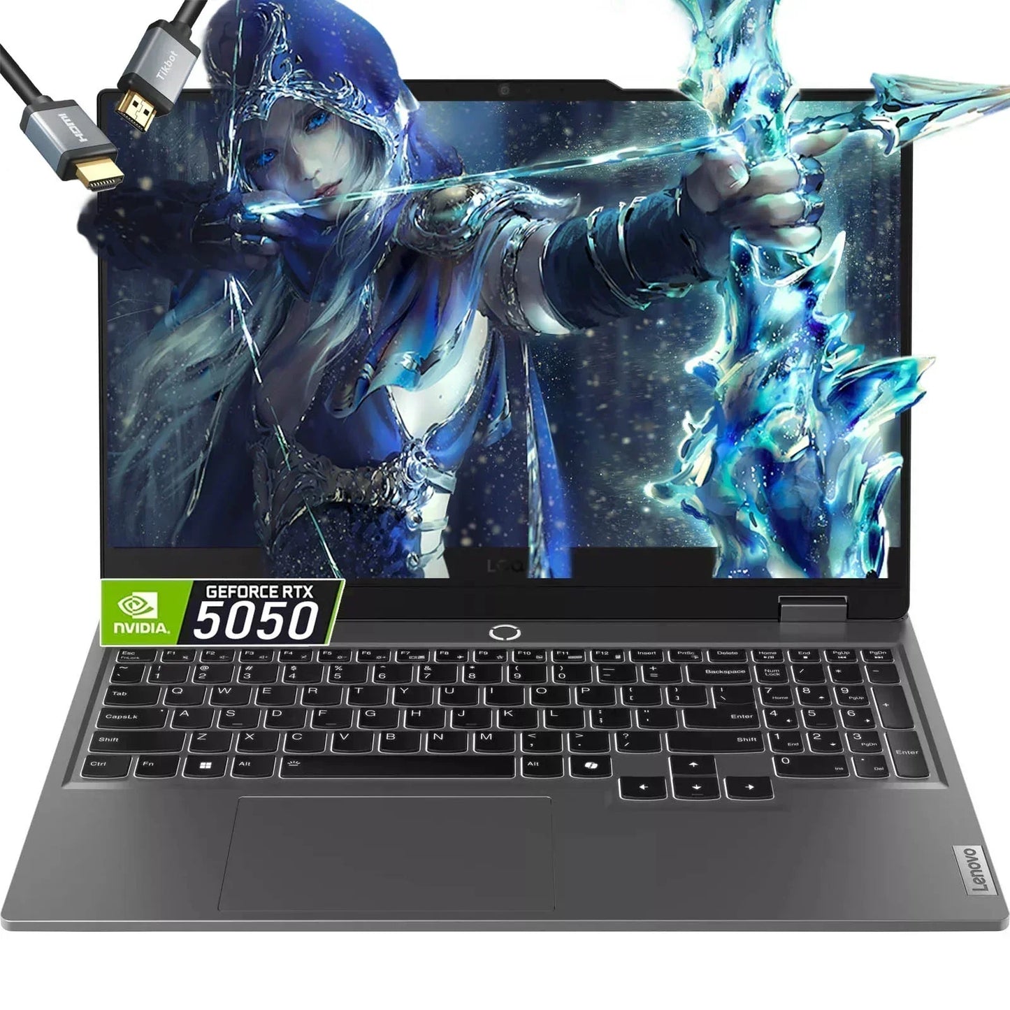 Lenovo gaming laptop with NVIDIA GeForce RTX 5050, fantasy archer artwork on screen, HDMI cable