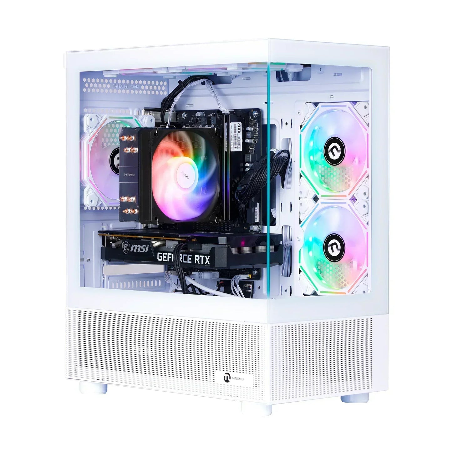 White gaming PC with glass panel, RGB fans, and MSI GeForce RTX graphics card