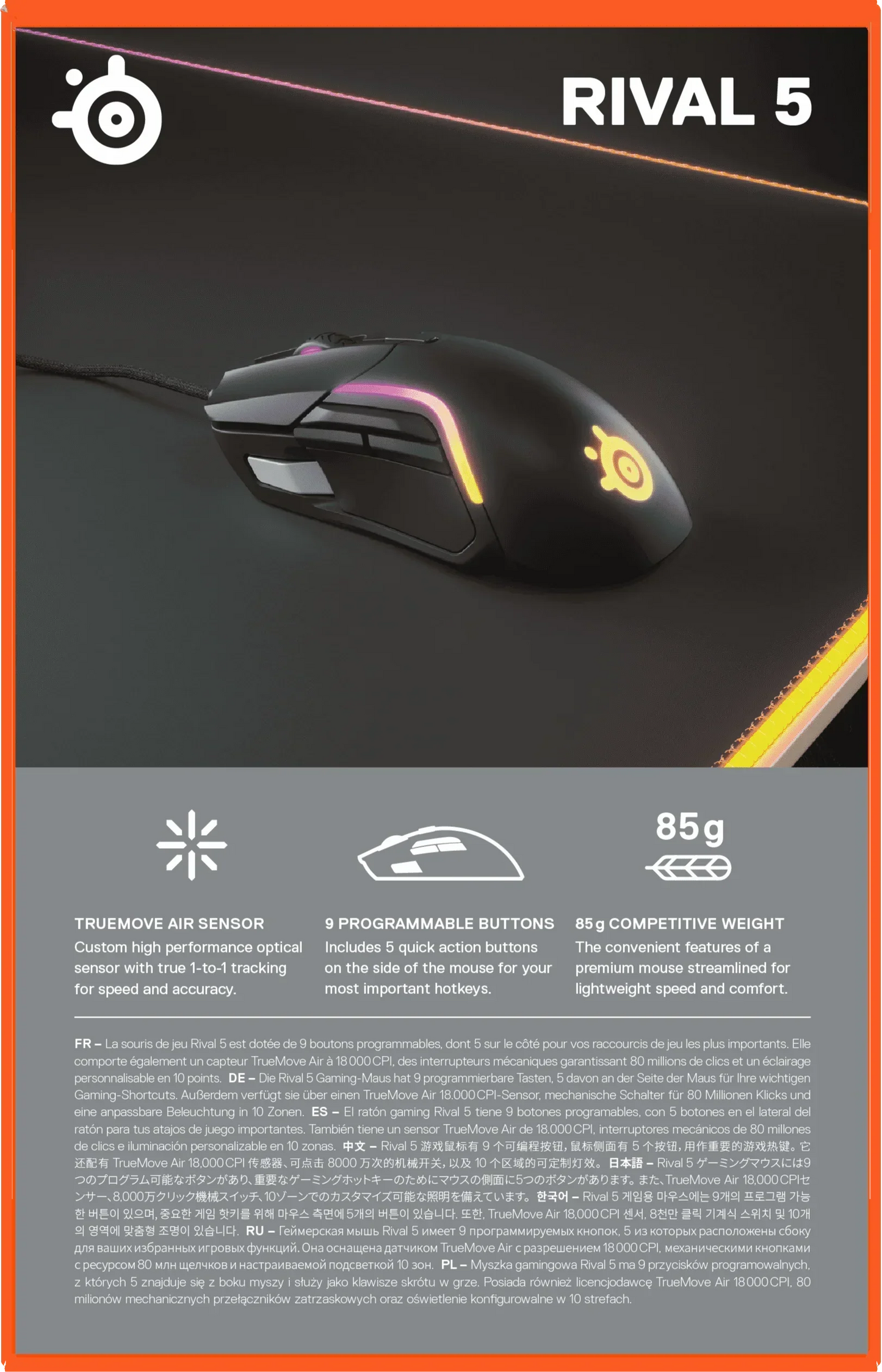 SteelSeries Rival 5 gaming mouse with RGB lighting on black mousepad, featuring 9 programmable buttons and 85g lightweight design