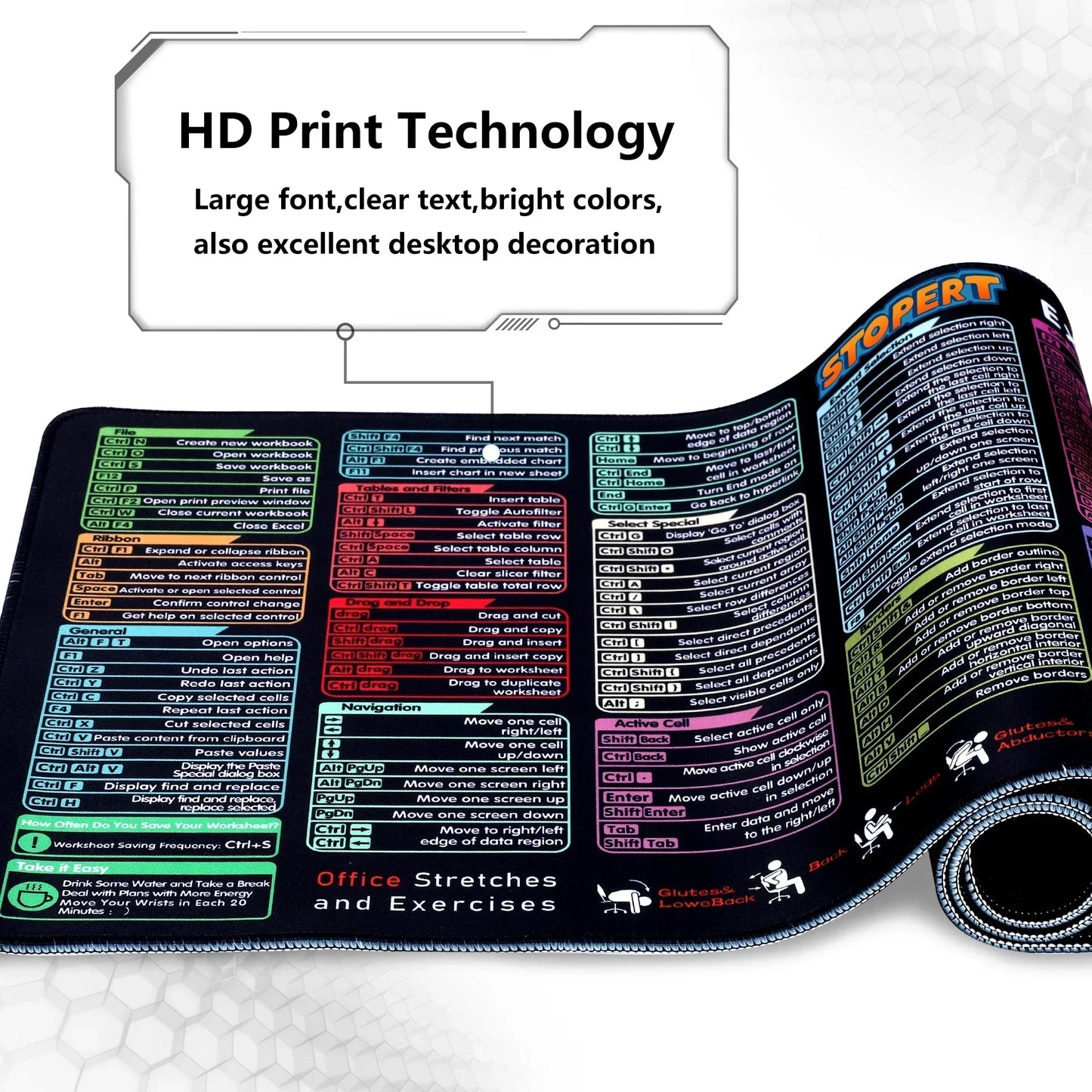 Rolled gaming mouse pad with colorful Excel shortcut keys and office stretches printed in large, clear fonts