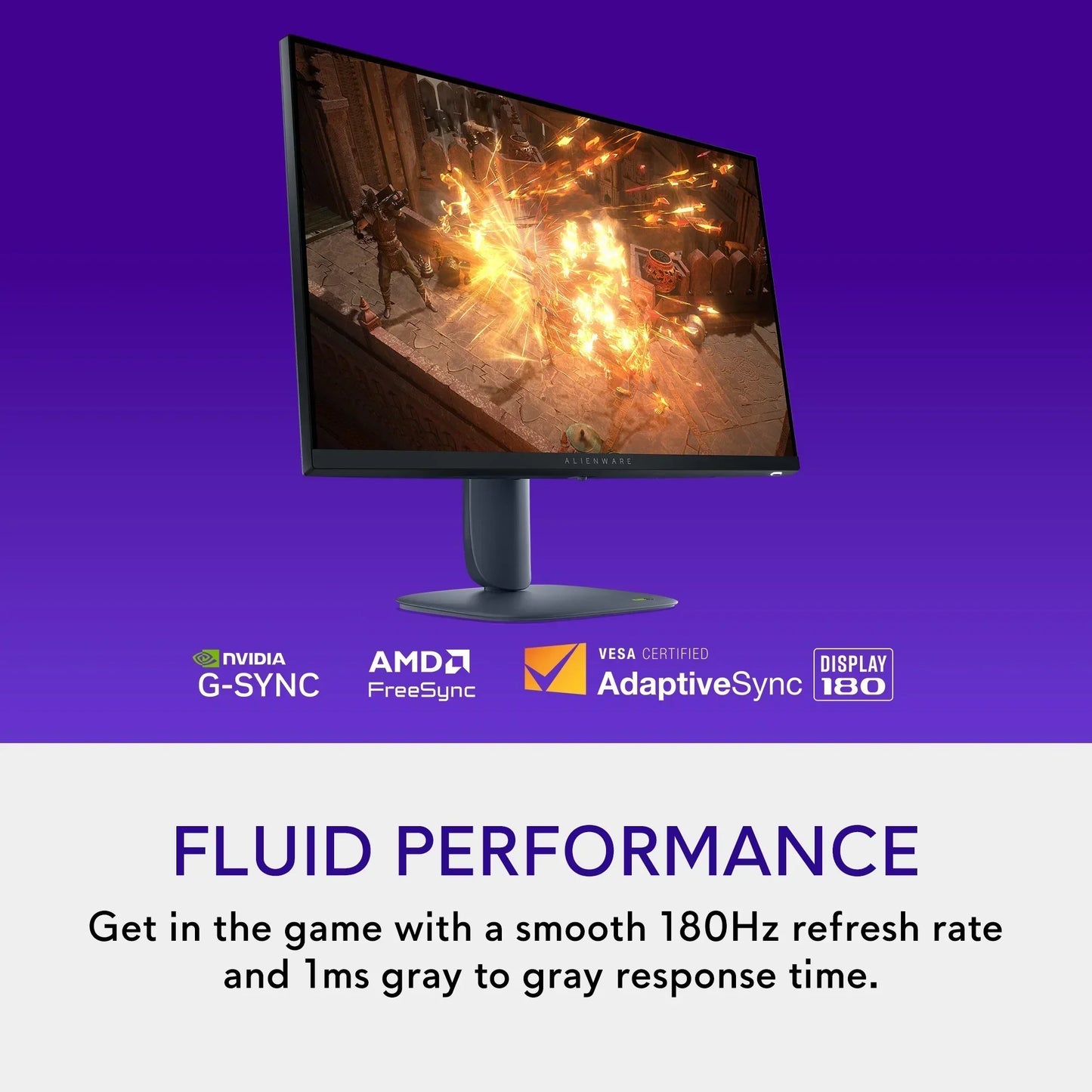 Alienware gaming monitor showing action RPG gameplay with NVIDIA G-SYNC and 180Hz refresh rate
