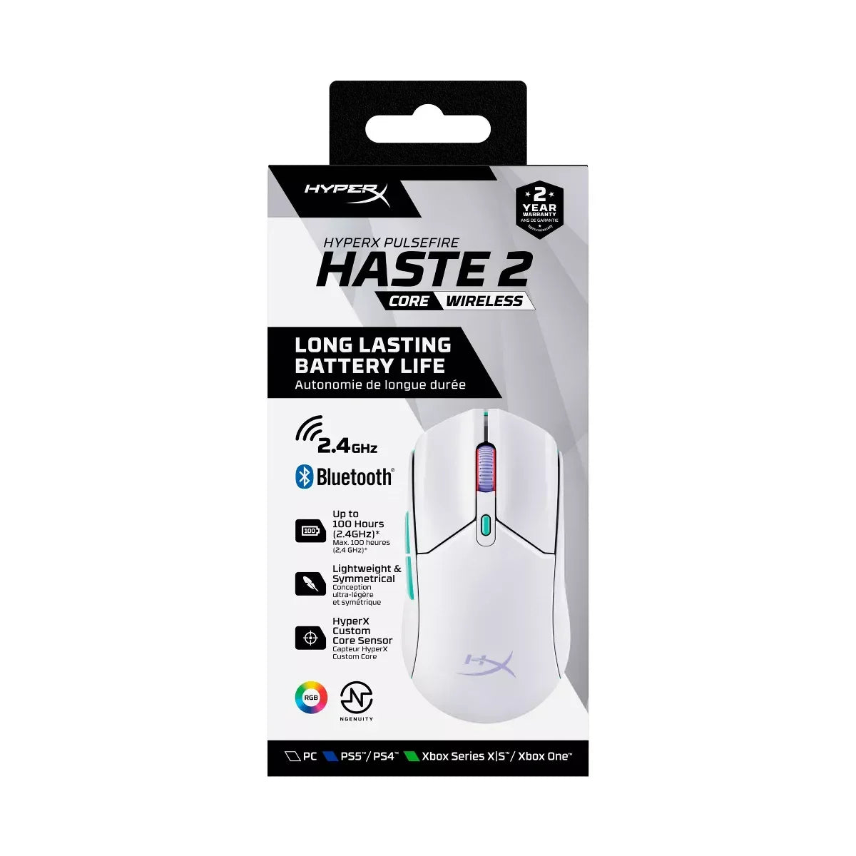 HyperX Pulsefire Haste 2 Core Wireless white gaming mouse with long battery life, 2.4 GHz and Bluetooth