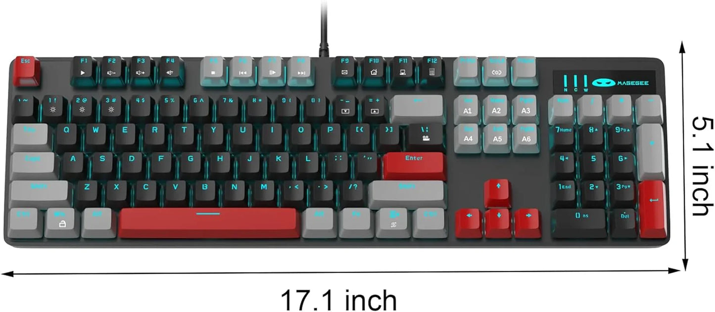 Magegee wired gaming keyboard with red and gray keys, RGB backlight, and custom macro buttons