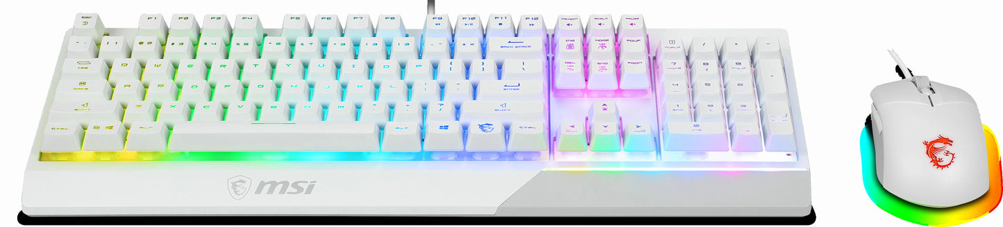 White MSI mechanical gaming keyboard and mouse with customizable RGB lighting and red dragon logo
