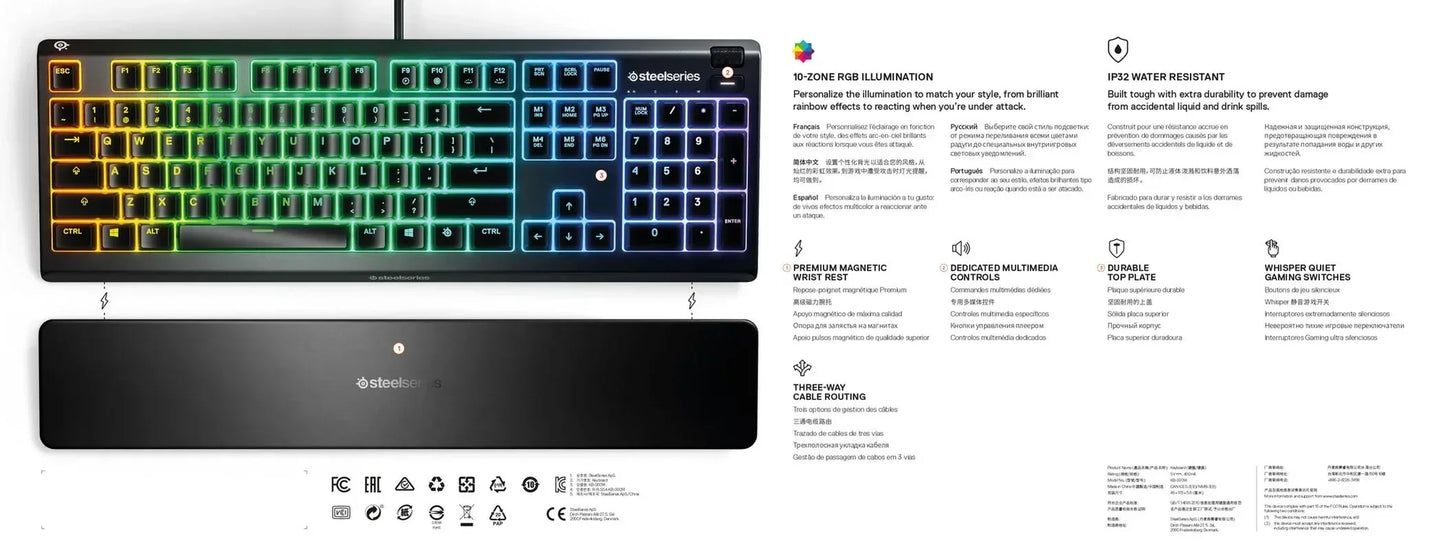 SteelSeries RGB gaming keyboard with wrist rest, featuring rainbow lighting and gaming features