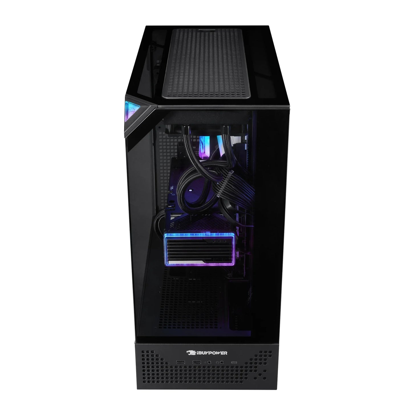 Black iBUYPOWER gaming PC with tempered glass side panel and RGB-lit components inside