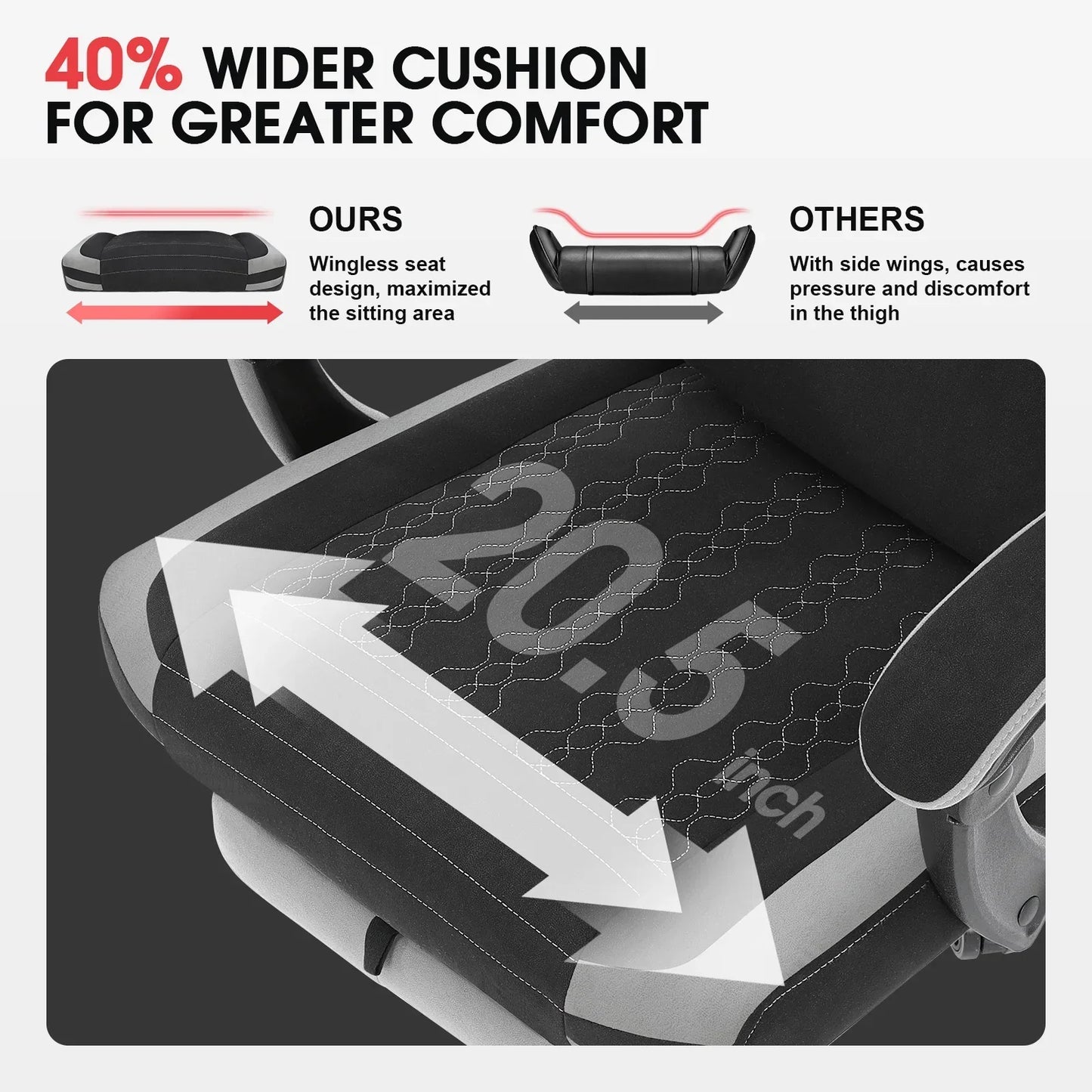 Gaming chair seat cushion comparison showing 40% wider wingless design for greater comfort versus traditional winged cushions