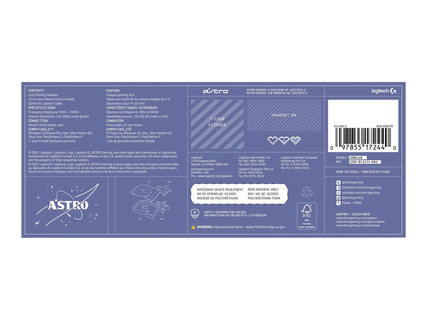 Astro A10 Gen 2 gaming headset box with specs, compatibility, and Logitech branding