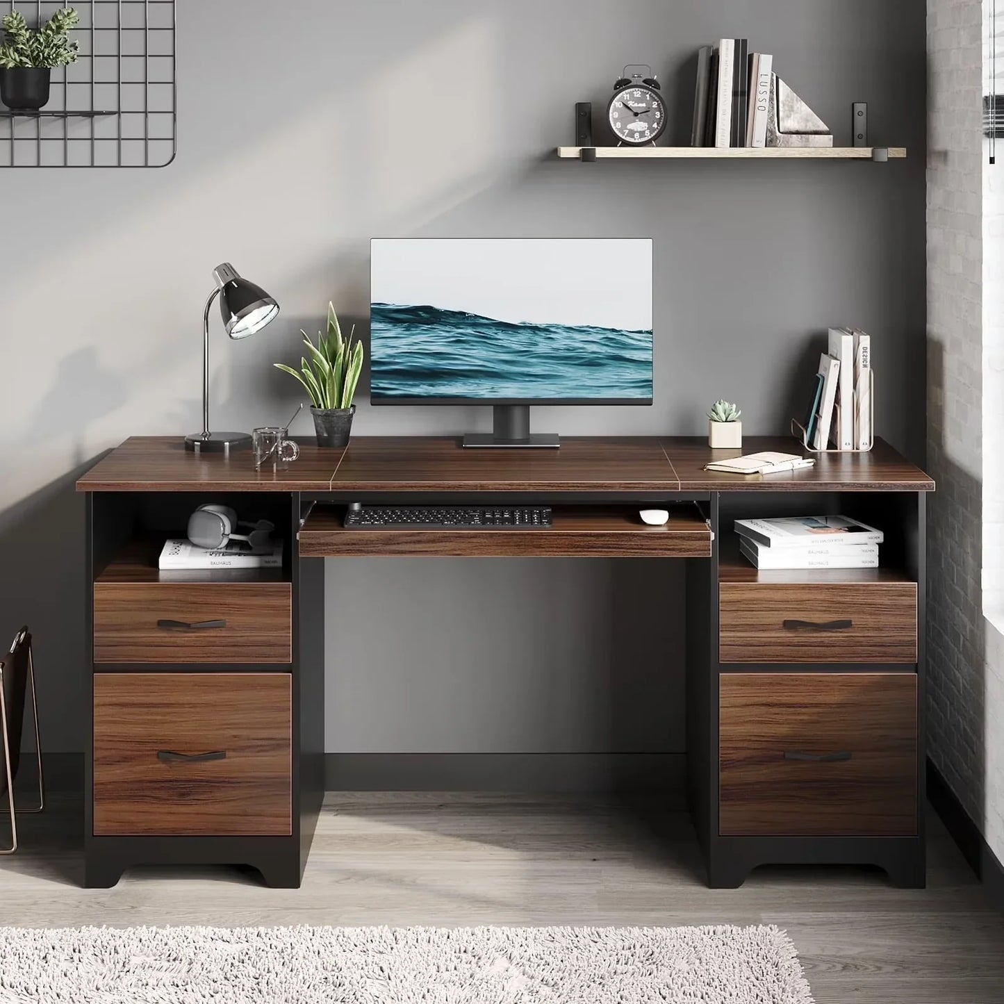 59” Computer Desk with 4 Drawers, Office Executive Desk with File Drawer, Keyboard Tray for Home Office, Gray
