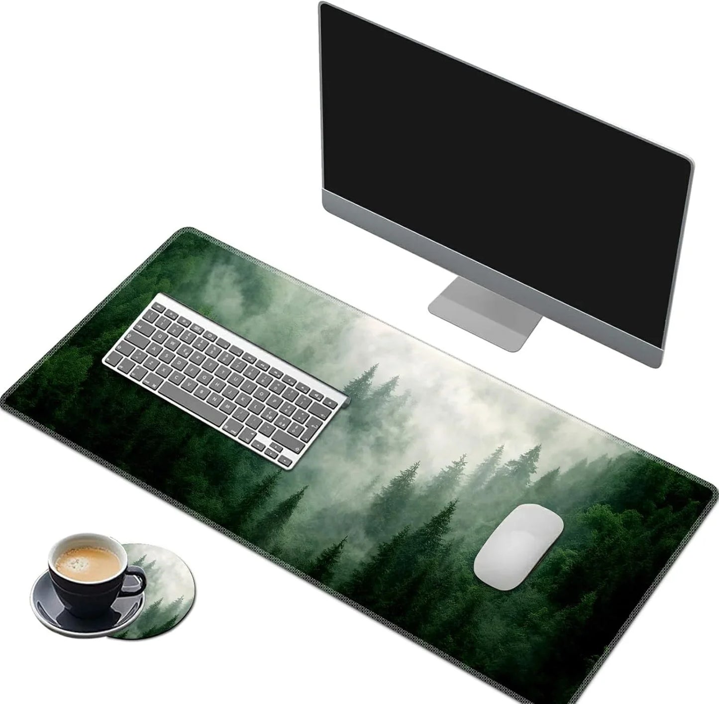 Large gaming desk mat with misty forest design, keyboard, mouse, cup, and coaster set for gaming setup