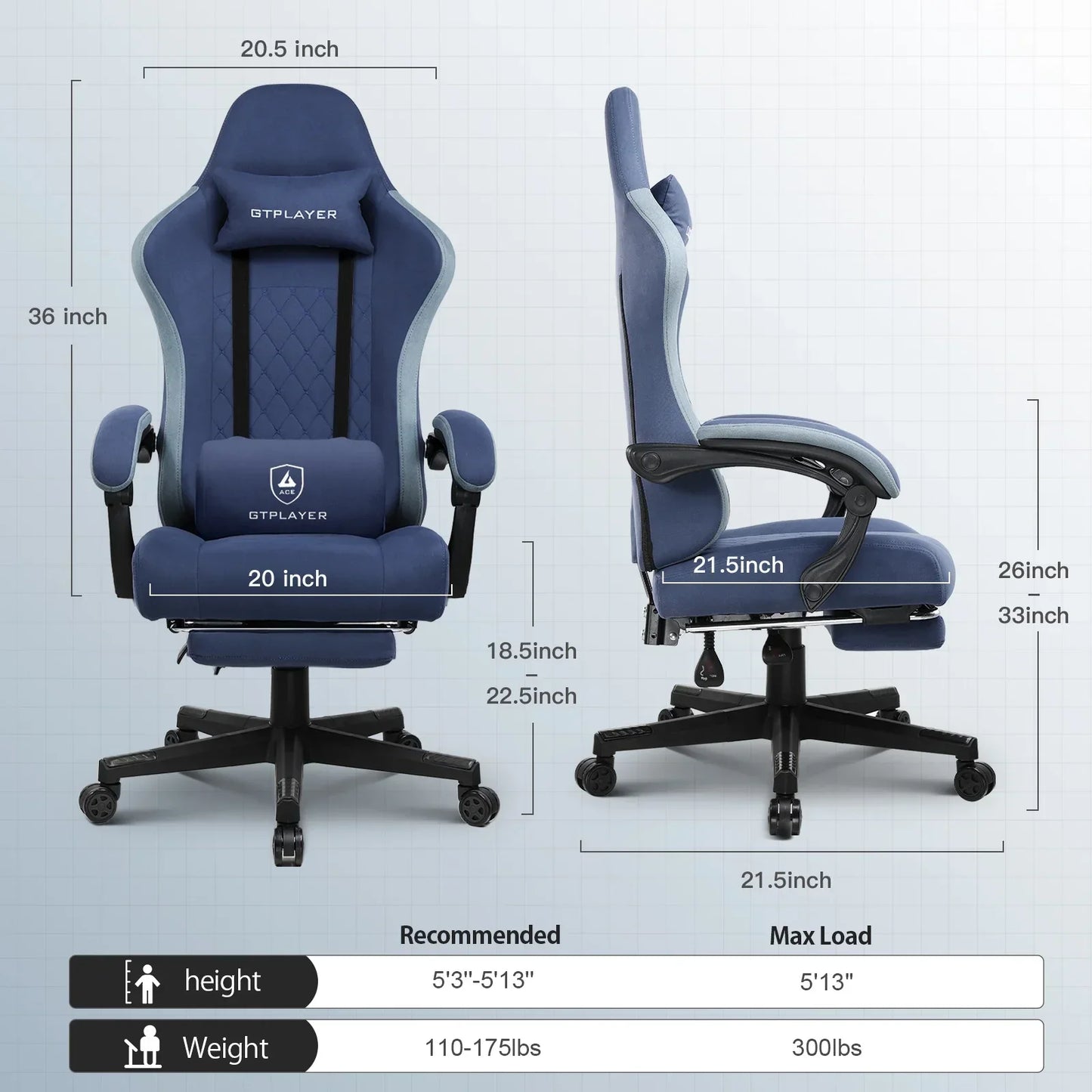 Blue GTPLAYER ergonomic gaming chair with lumbar and neck support, adjustable height and footrest