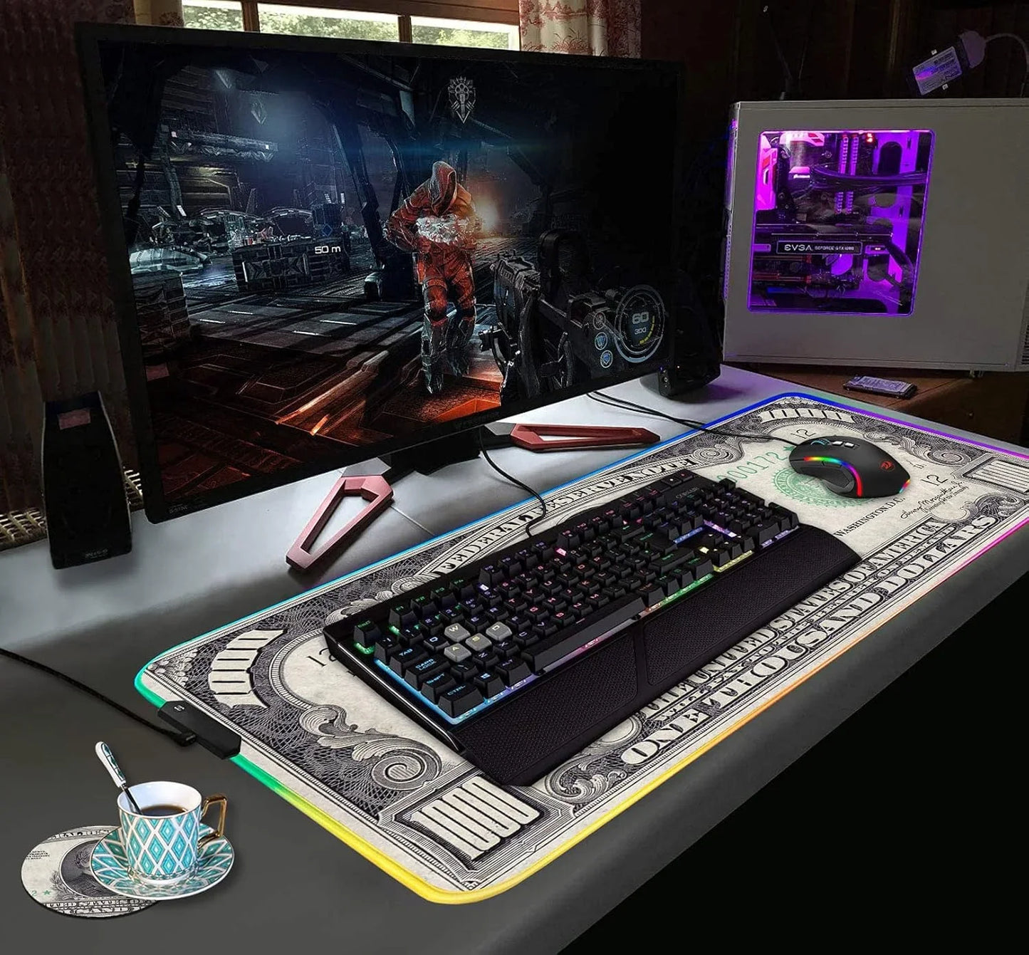 Gaming setup with curved monitor displaying shooter game, RGB mechanical keyboard and mouse on dollar bill desk mat