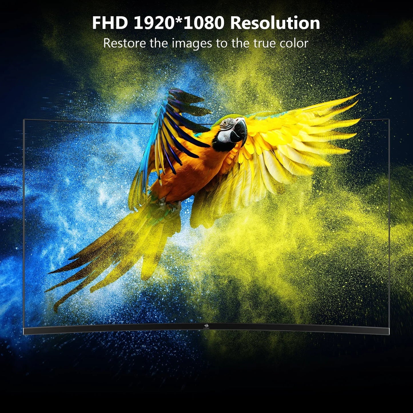 Curved monitor displaying vibrant parrot with blue and yellow powder clouds, highlighting FHD 1920x1080 resolution