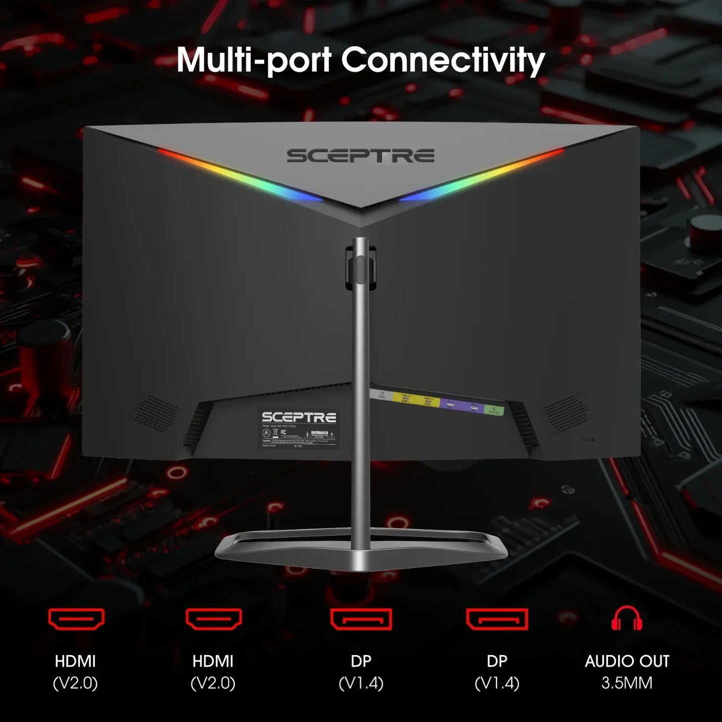 Back view of Sceptre gaming monitor with RGB light strips, multi-port connectivity including HDMI, DP, and audio out
