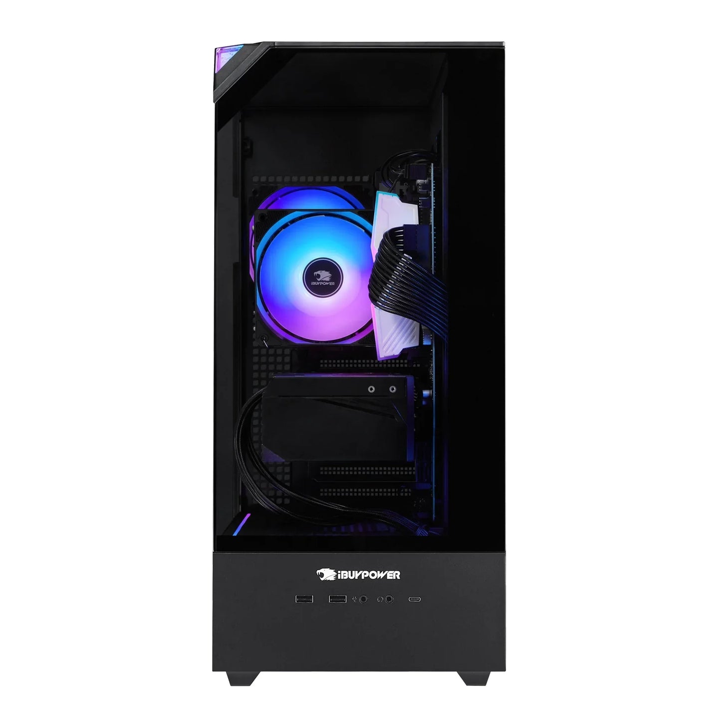 iBUYPOWER custom gaming PC with RGB cooling fan and sleek black case featuring transparent side panel
