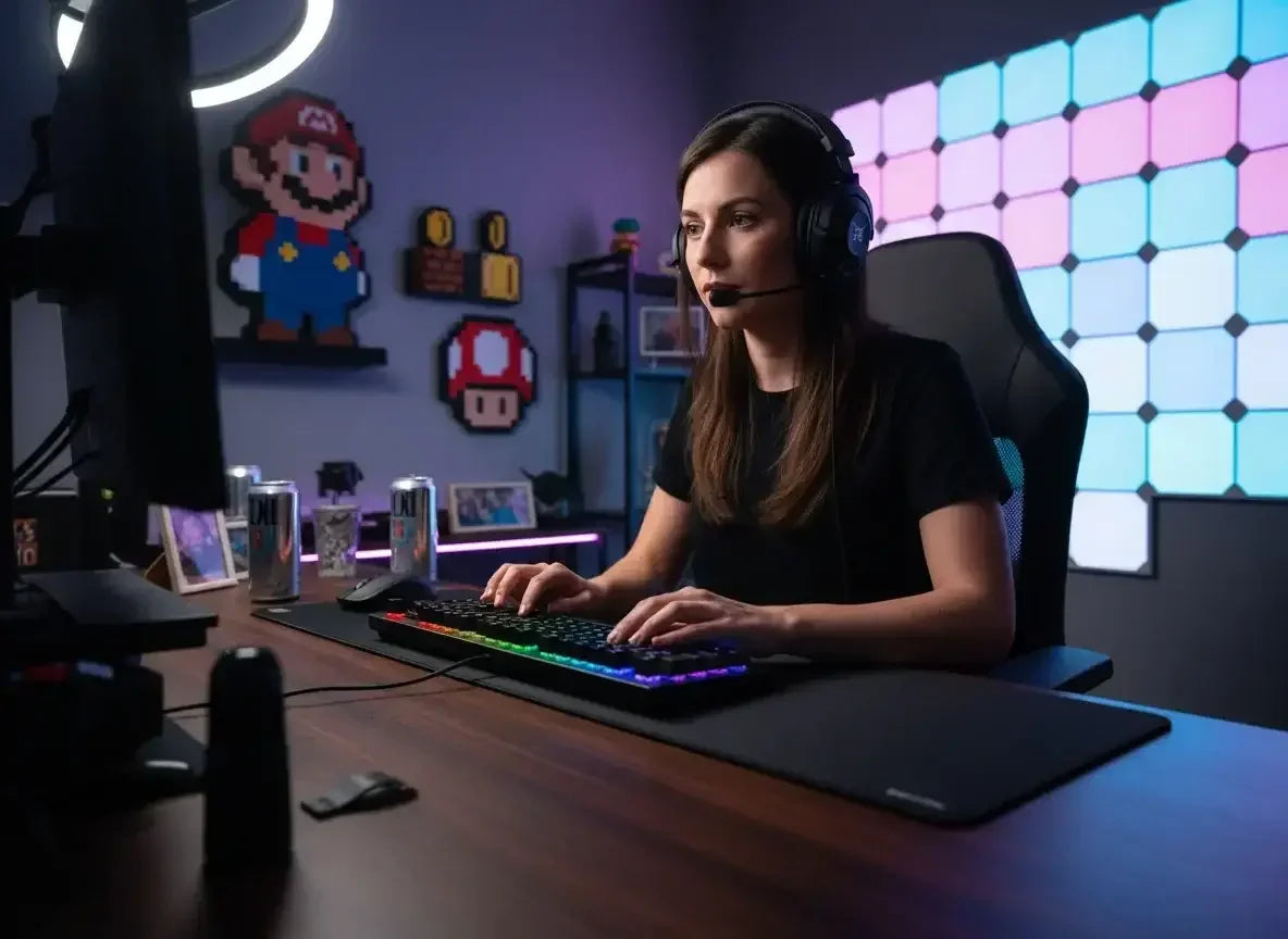 Female gamer with headset using RGB mechanical keyboard in colorful gaming setup with Mario wall decor
