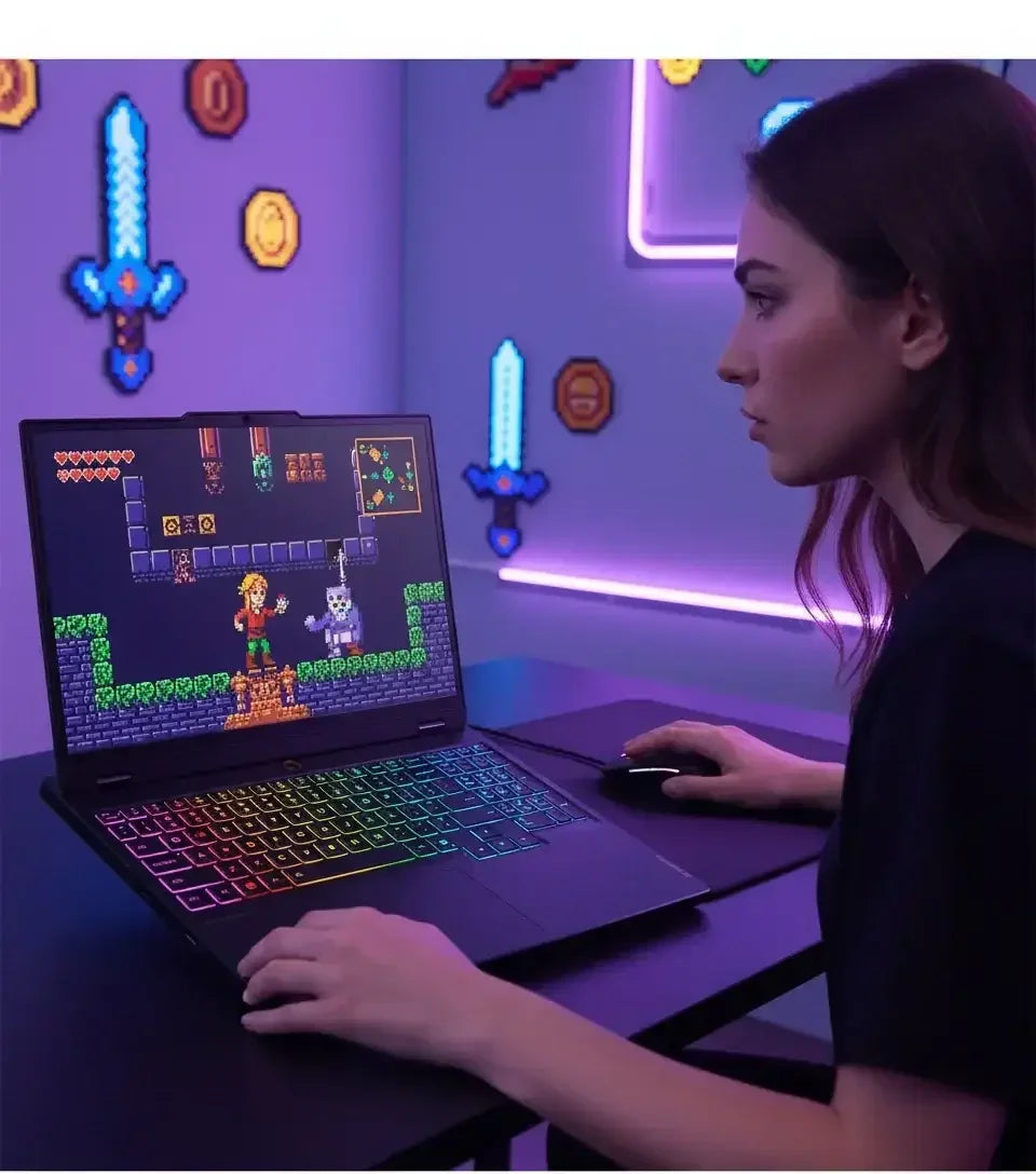 Young woman playing pixel art retro video game on laptop with RGB keyboard in neon-lit gaming room