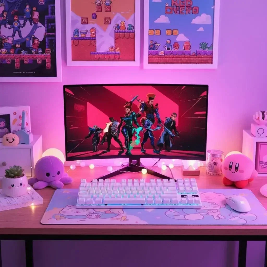 Pastel pink gaming setup with anime decor, LED lights, and cute plush toys