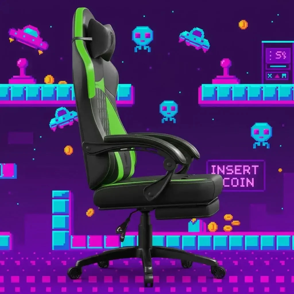 Black and green ergonomic gaming chair with headrest, side view on pixel art arcade game background