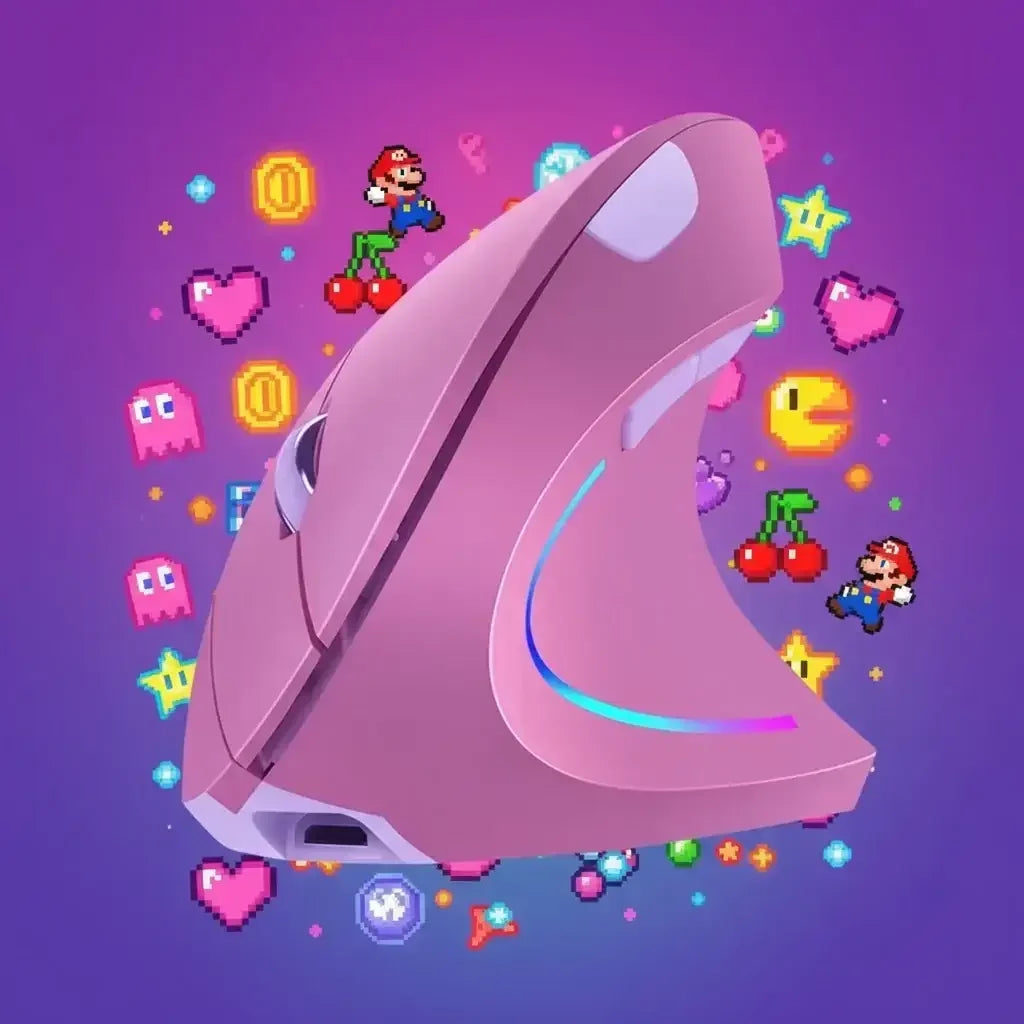 Pink ergonomic wireless mouse with LED lighting and retro video game icons on purple background