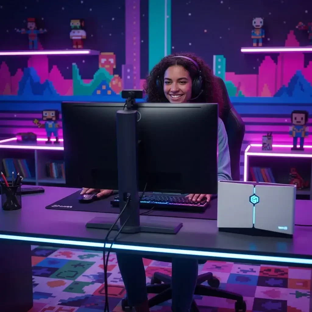 Smiling woman gamer with headset playing on dual monitors in colorful pixel art gaming room