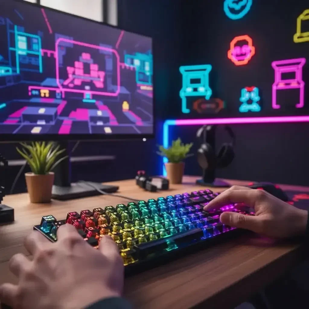 Gamer hands on RGB keyboard, neon gaming setup, monitor with retro game, desk plants