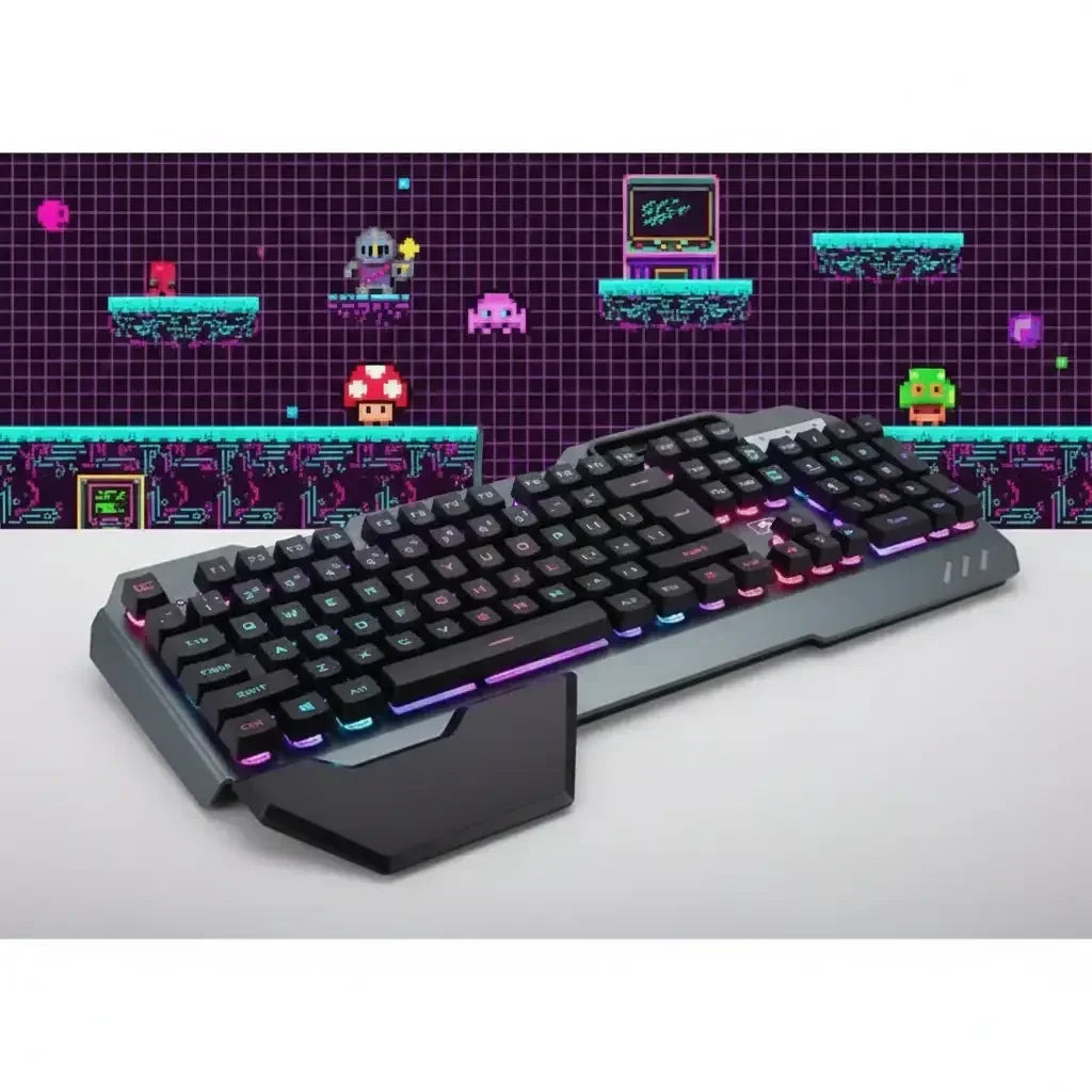 RGB backlit gaming keyboard with pixel art retro game background featuring knight, mushroom, and alien characters