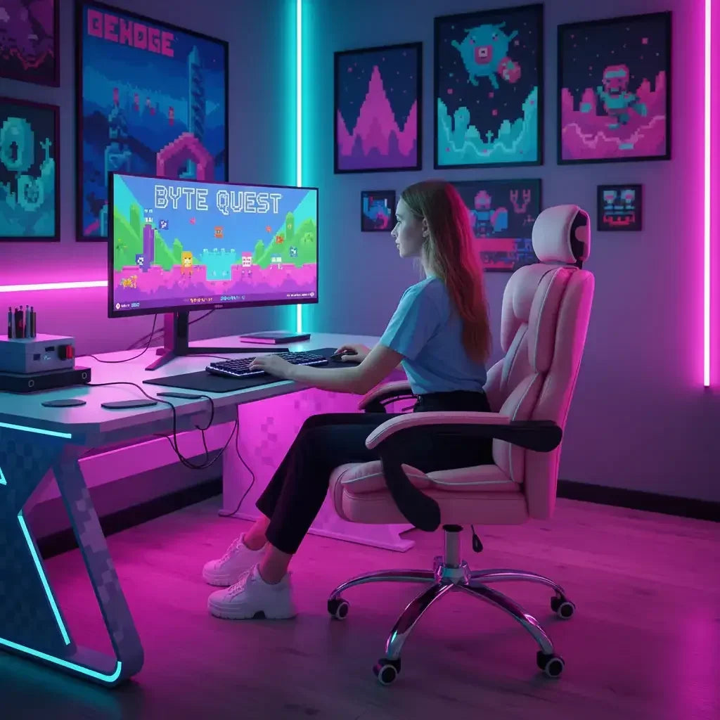 Woman gaming at RGB-lit desk with pixel art posters, playing Byte Quest on widescreen monitor