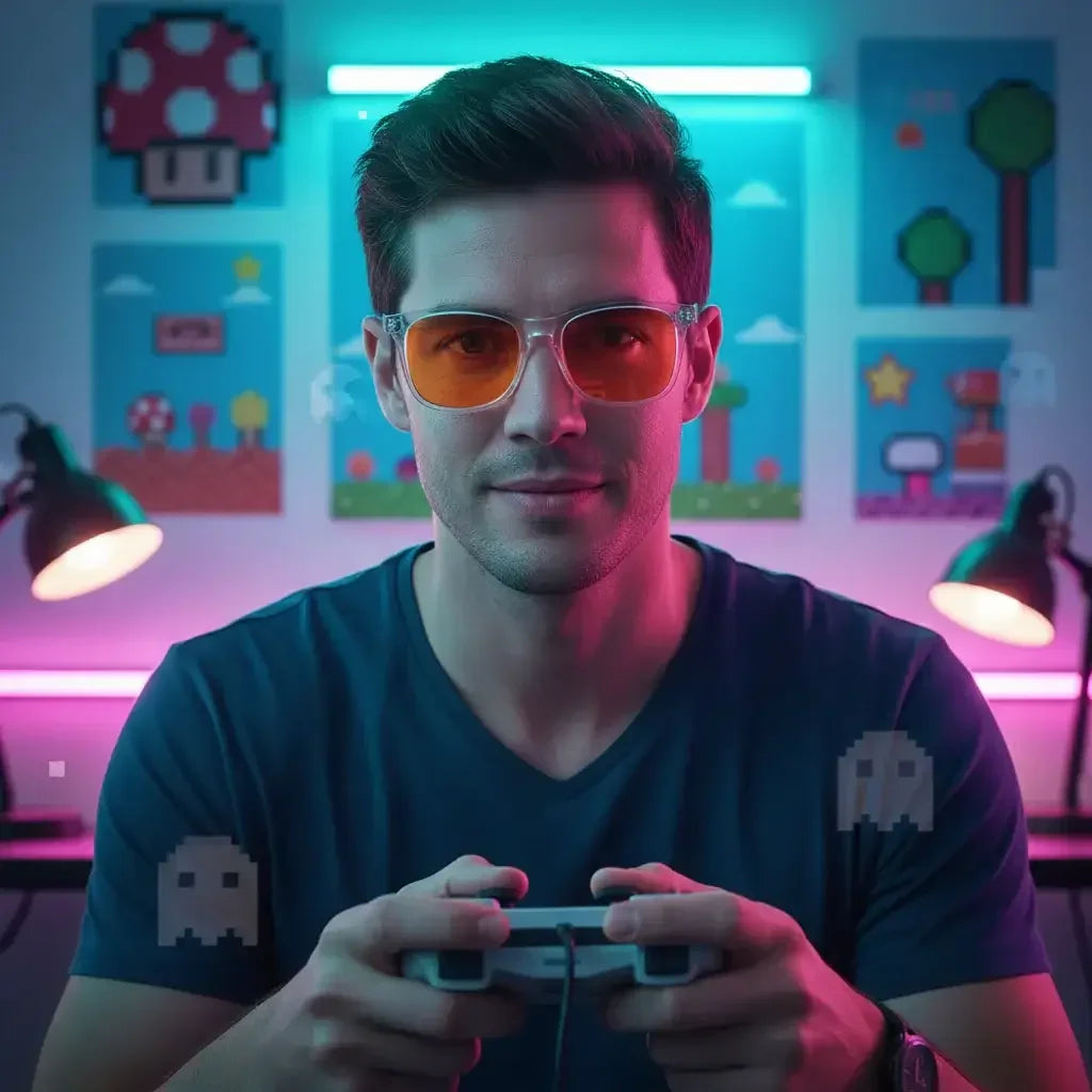 Gamer with blue light glasses playing video games in neon-lit room with retro game art