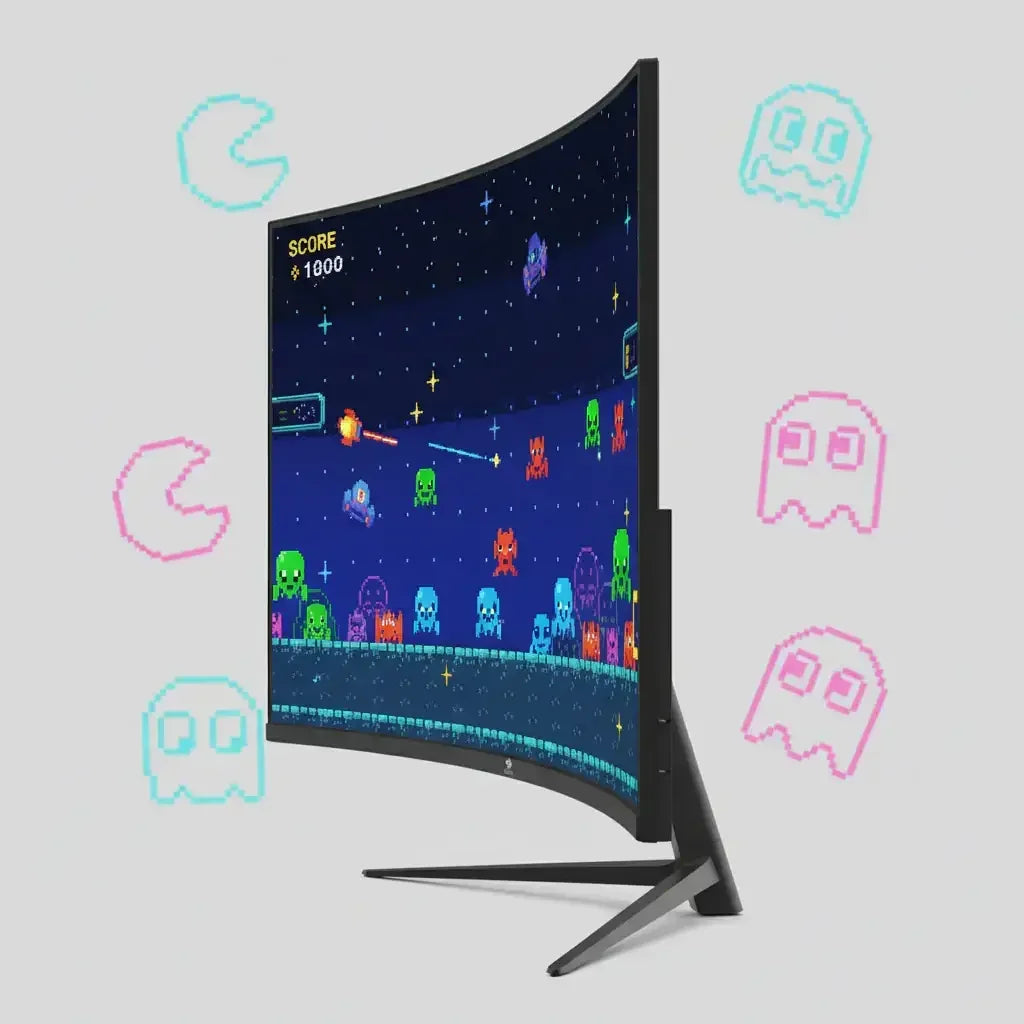 Curved gaming monitor displaying pixel art retro space shooter game with colorful aliens and score