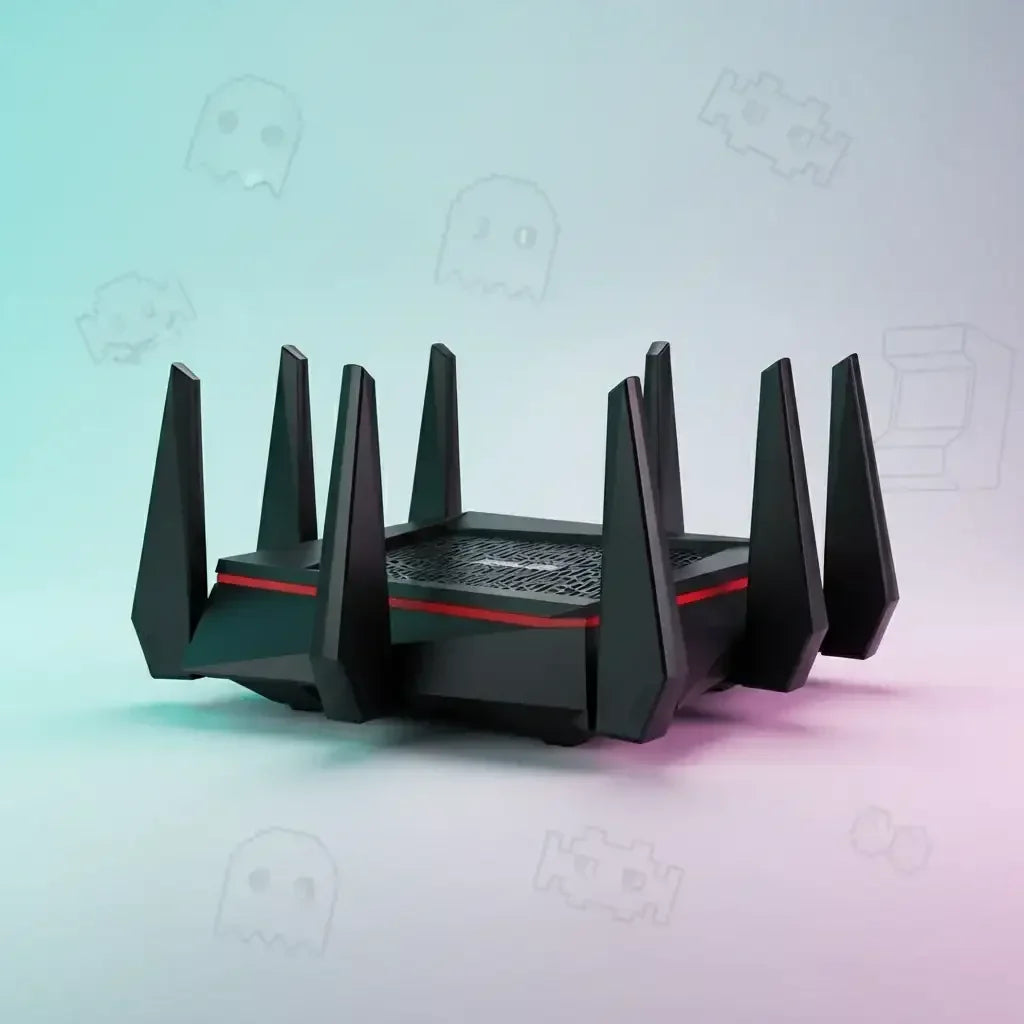 Black gaming WiFi router with red trim, eight antennas, on a pastel gradient background.