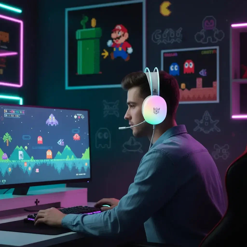 Gamer with RGB headset playing retro video game in neon-lit gaming room with pixel art decor.