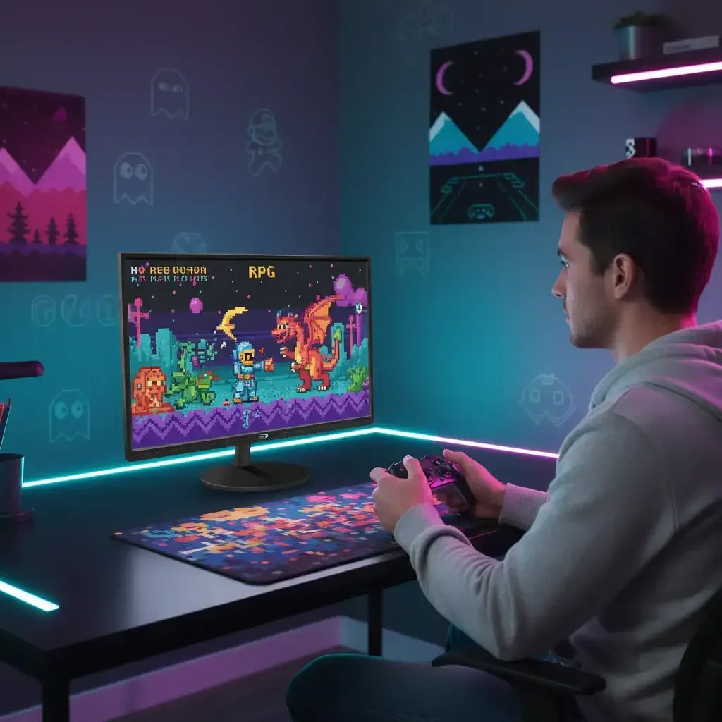 Man playing retro RPG video game at gaming desk with neon LED lights and pixel art decor
