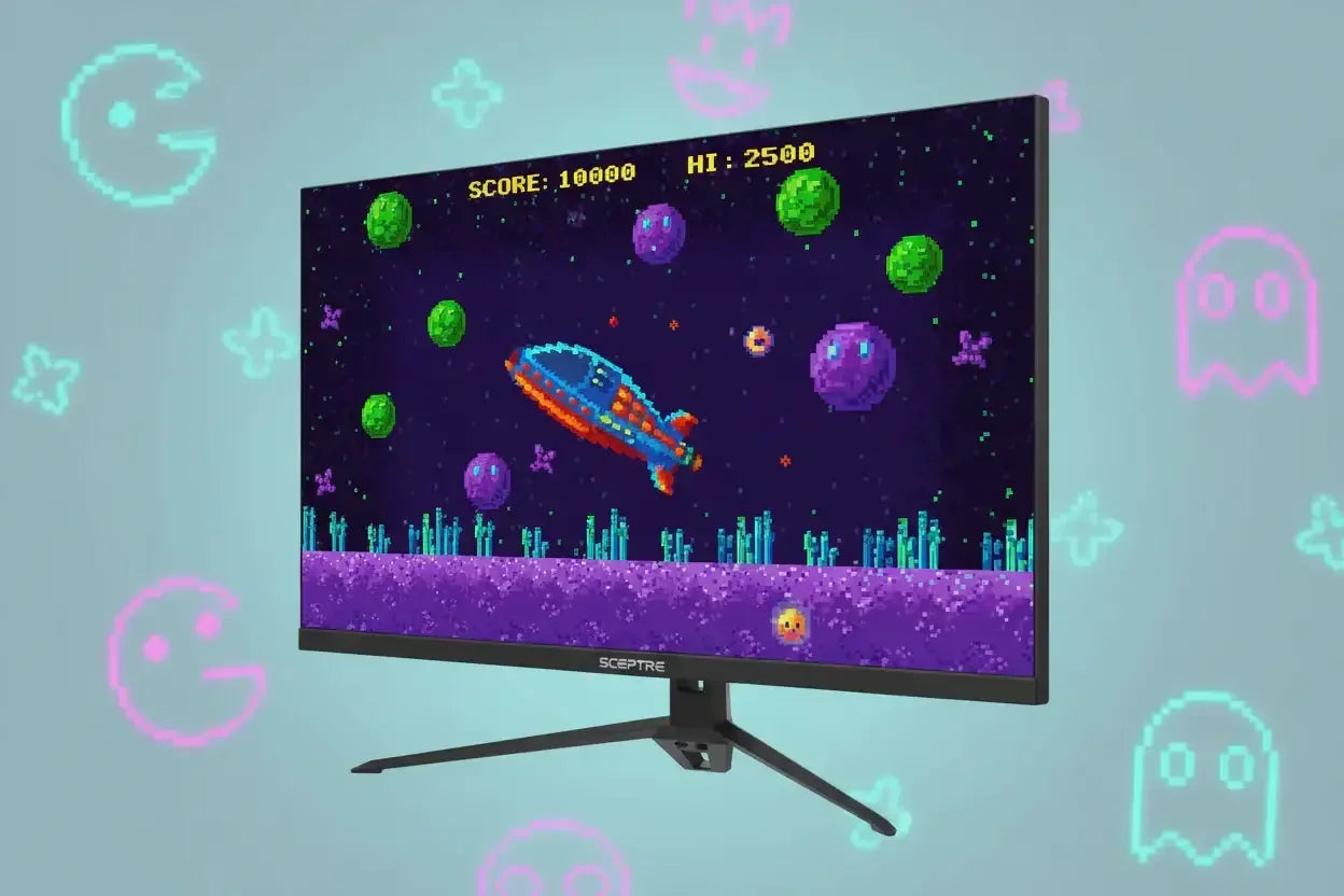 Sceptre gaming monitor displaying pixel art spaceship game with neon retro icons in background