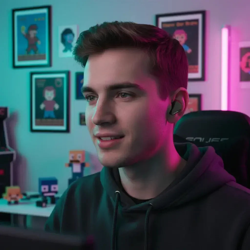 Young man in gaming headset streaming in neon-lit room with pixel art and arcade decor
