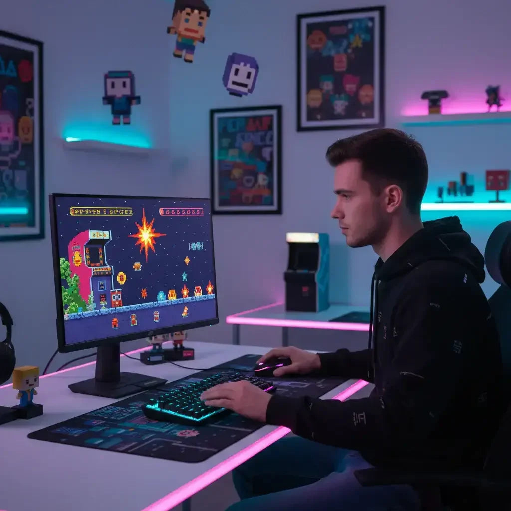 Gamer playing retro pixel art video game at RGB-lit desk in modern gaming room
