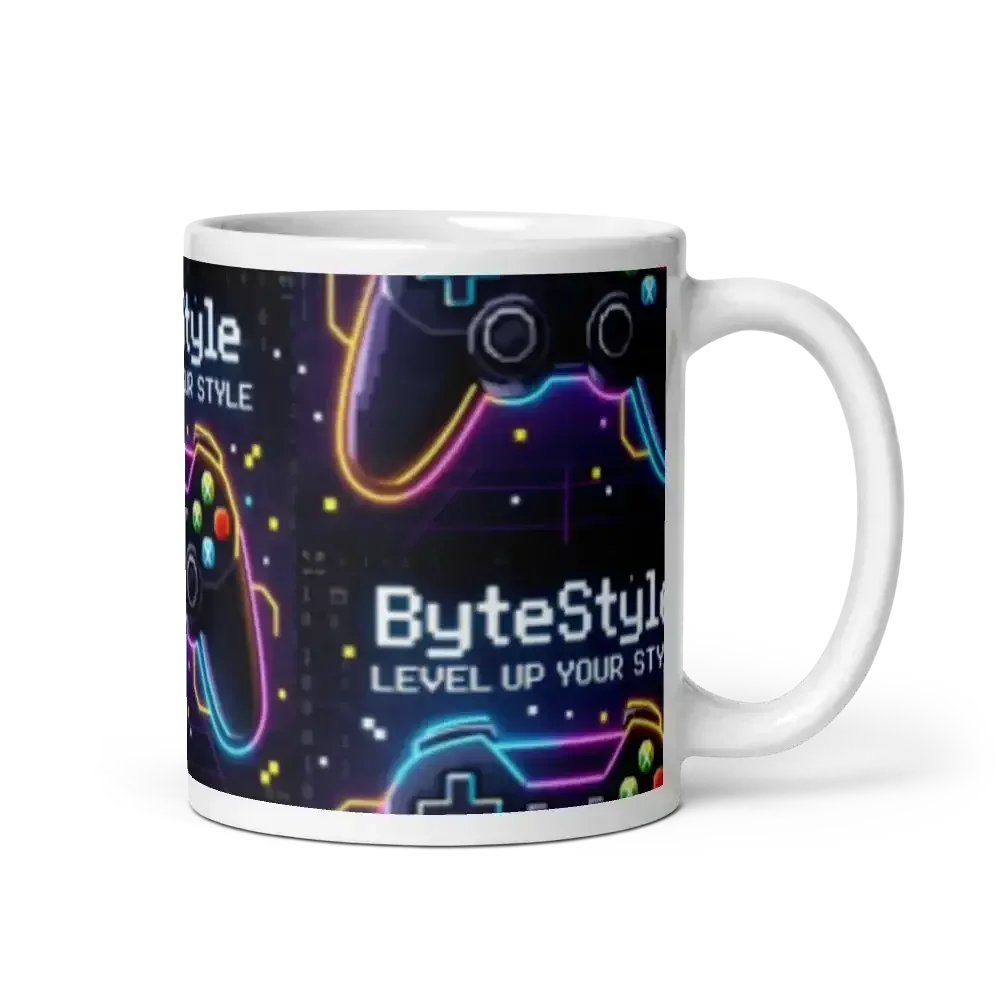 White mug with neon gaming controllers and pixel art style text ByteStyle Level Up Your Style