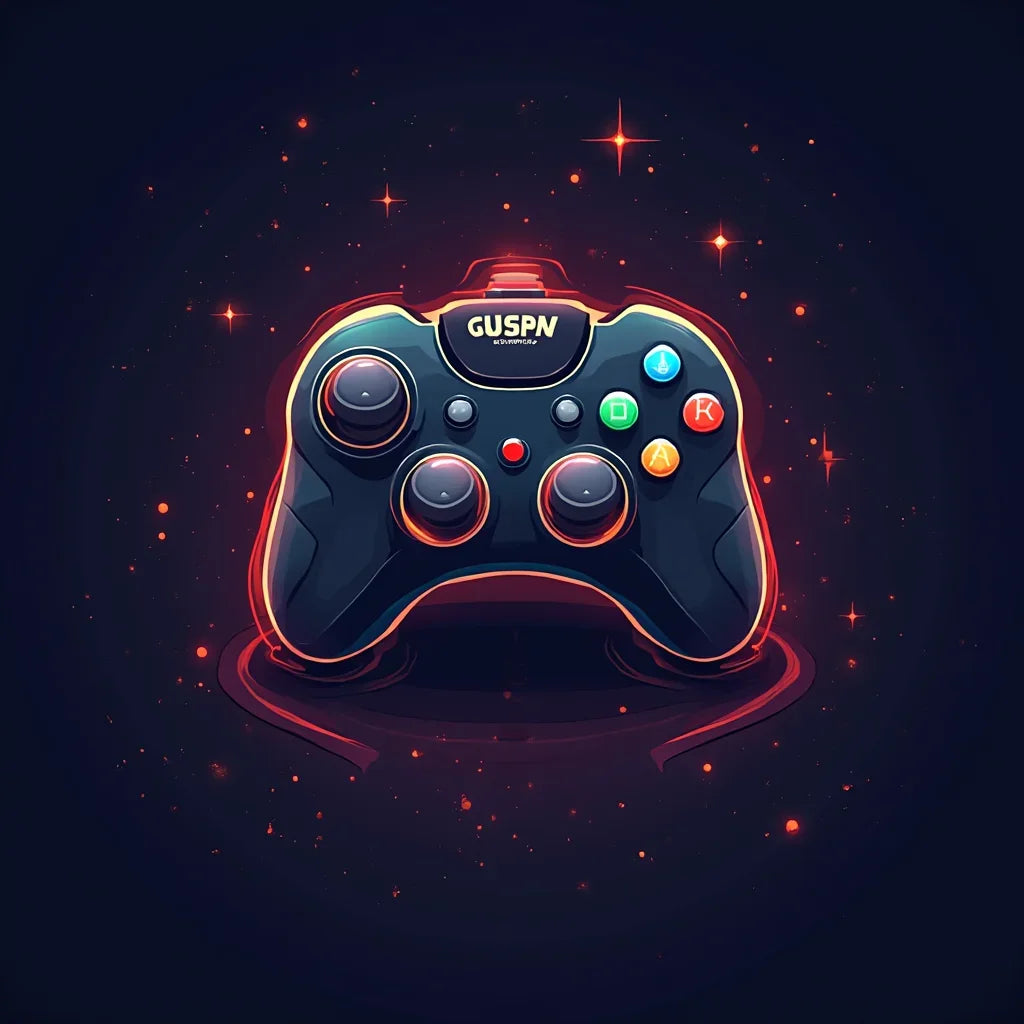 Retro gaming controller with colorful buttons, glowing in a pixel art space style background