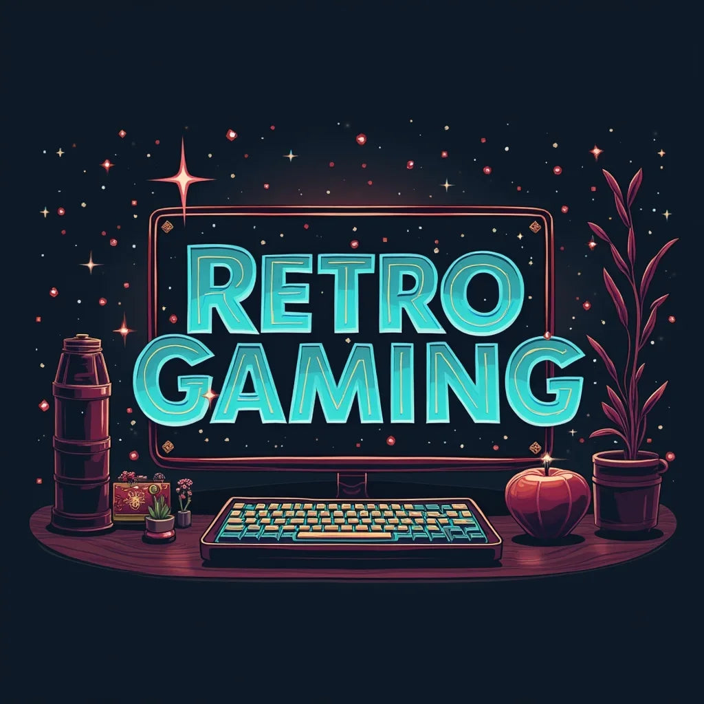 Retro gaming setup with RGB keyboard, monitor, plants, and pixel art, Byte Style theme.