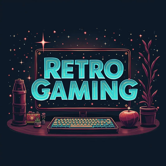 Retro gaming setup with RGB keyboard, monitor, plants, and pixel art, Byte Style theme.