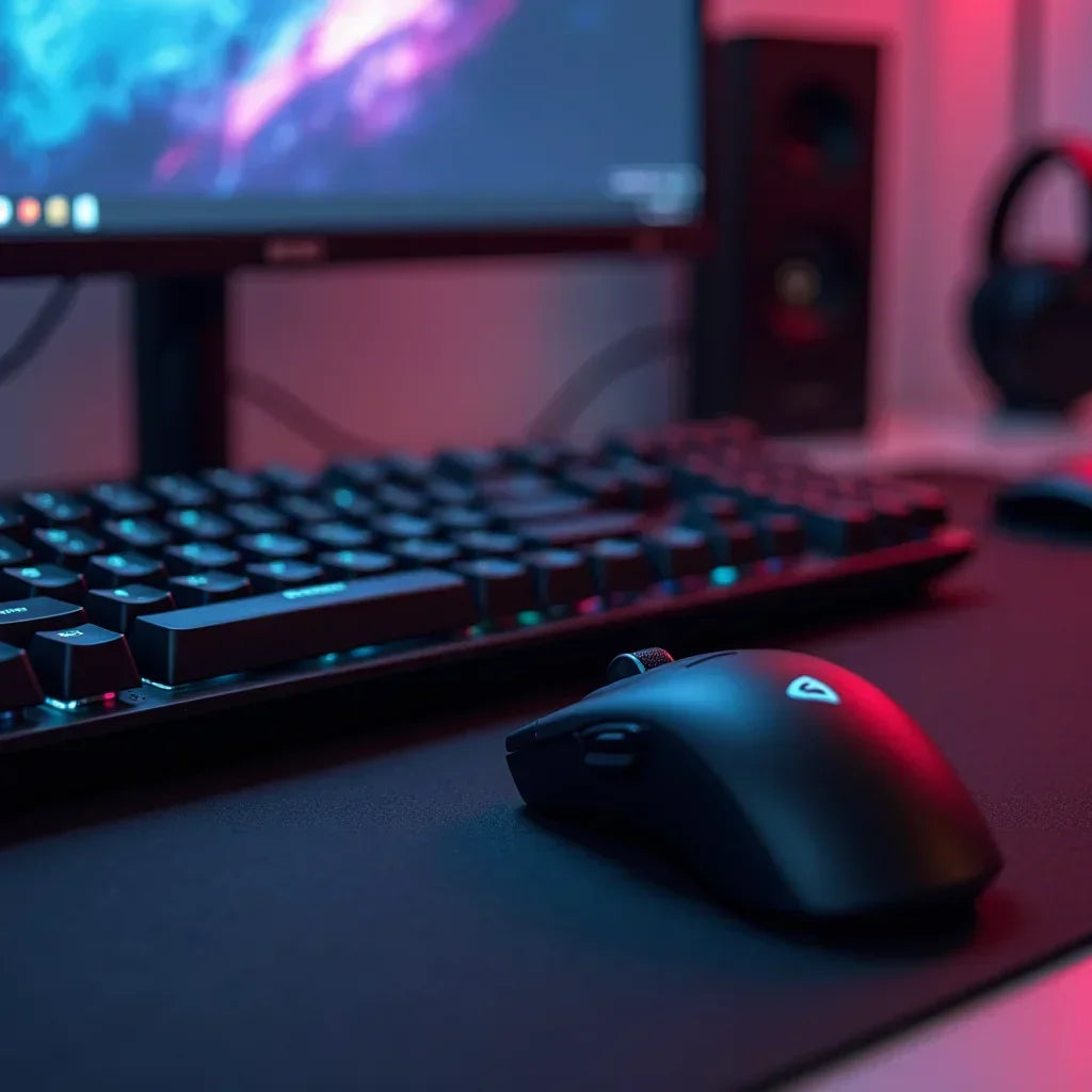 RGB gaming keyboard and wireless mouse on desk in modern setup, Byte Style gaming gear